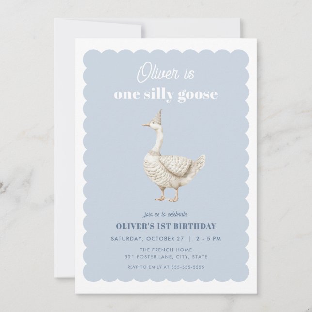Blue One Silly Goose Boy 1st Birthday Invitation (Front)