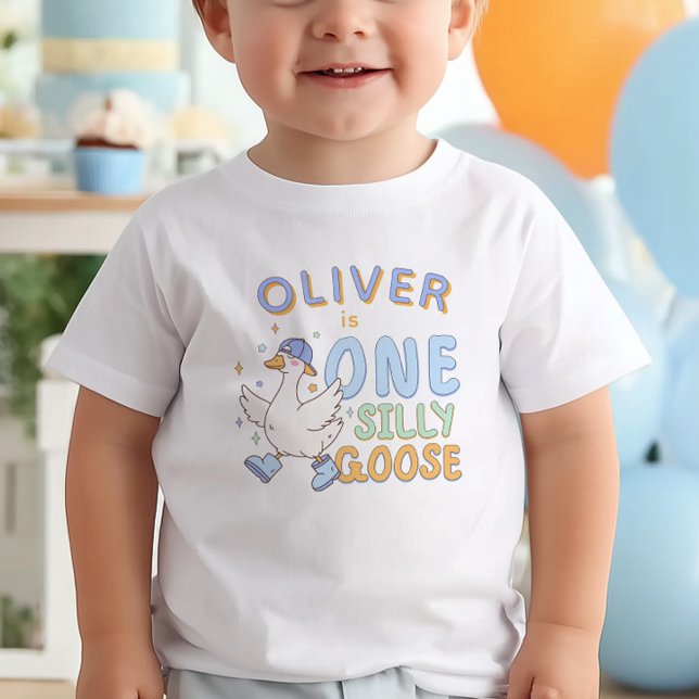 Blue One Silly Goose - Retro Boy First Birthday Baby T-Shirt (Blue "One Silly Goose" - Girl First Birthday T-shirt. Adorable Silly Goose Design.)