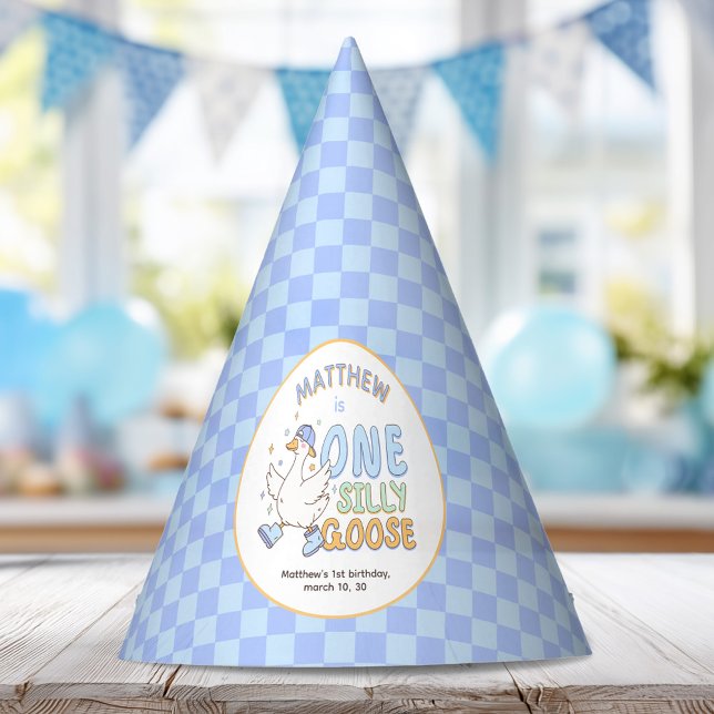 Blue One Silly Goose-Retro Boy First Birthday Party Hat (Blue One Silly Goose-Retro Boy First Birthday Party Hat. Spring Silly Goose Themed 1st Birthday Hat)