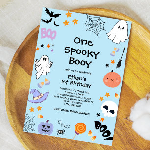 Blue One Spooky Booy Ghost Halloween 1st Birthday Invitation