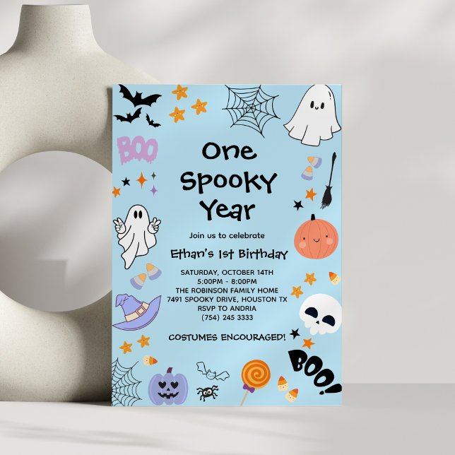 Blue One Spooky Year Ghost Halloween 1st Birthday  Invitation (Blue One Spooky Year Ghost Halloween 1st Birthday Invitation )