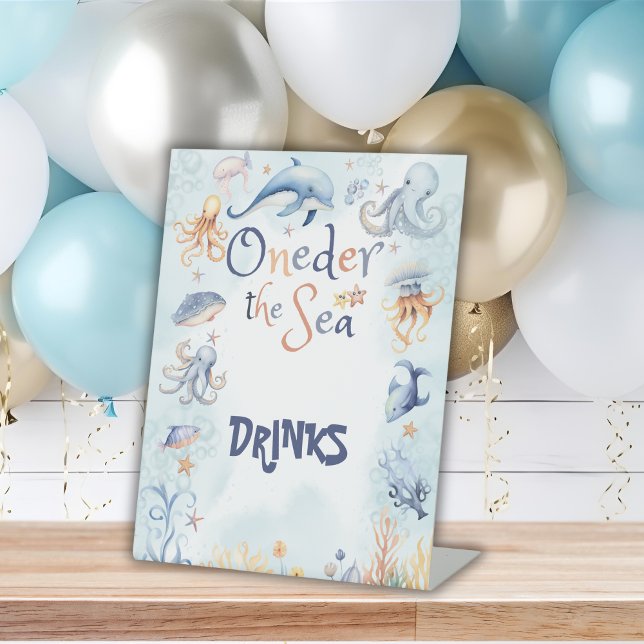Blue Oneder the sea 1st birthday Drinks Pedestal Sign (Creator Uploaded)