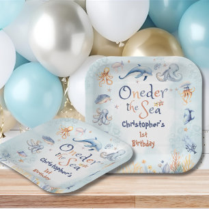 Blue Oneder the sea boys 1st birthday Paper Plate