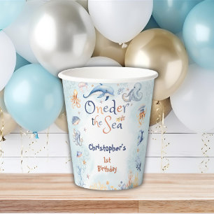 Blue Oneder the sea first birthday Sticker Paper Cups
