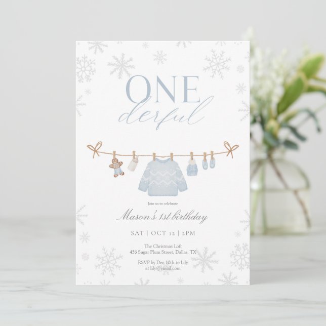 Blue ONEderful Winter First Birthday Invitation (Standing Front)