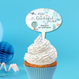 Blue ONEderful World 1st First Birthday Cake Pick