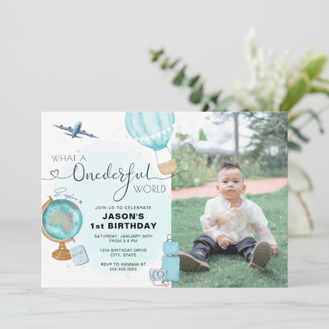 Blue ONEderful World Photo 1st Birthday Invitation (Standing Front)