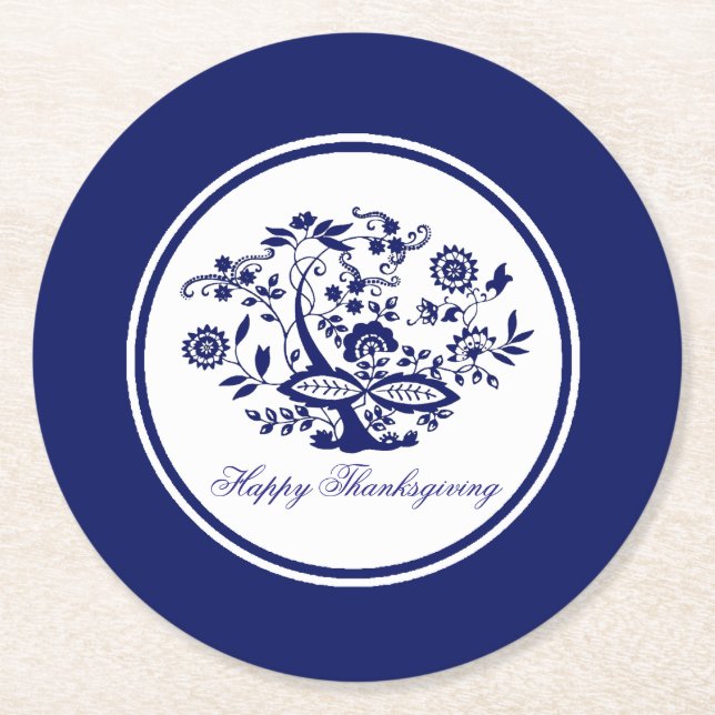 Blue Onion Pattern Your Greeting or Holiday Round Paper Coaster (Front)