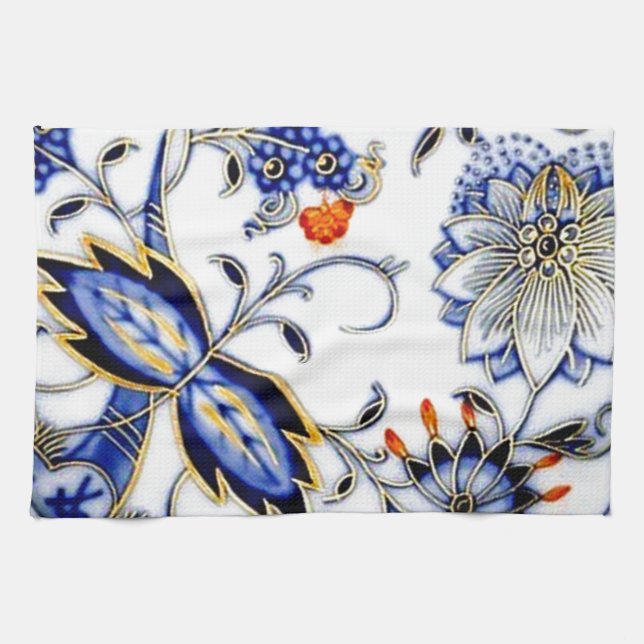 Blue Onion Vintage China Plate Pattern Tea Towel (Horizontal)