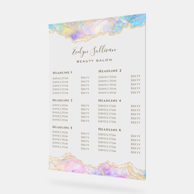 Blue Opal Design Price List Acrylic Sign (Angle)