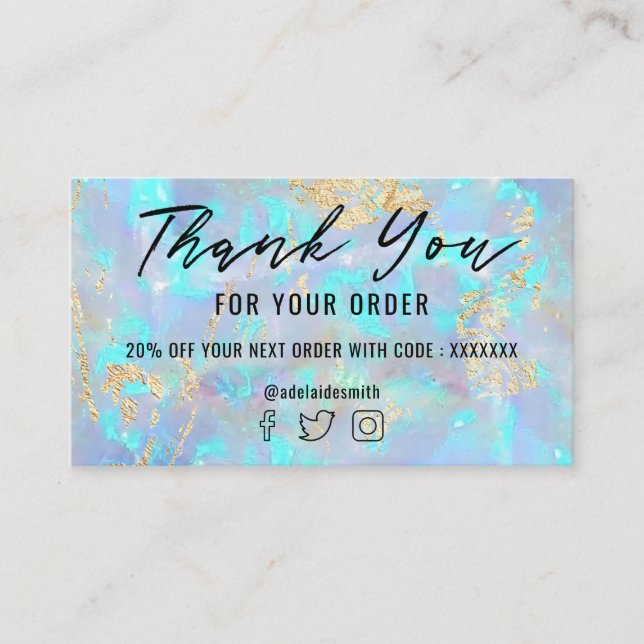 blue opal faux foil thank you business card (Front)