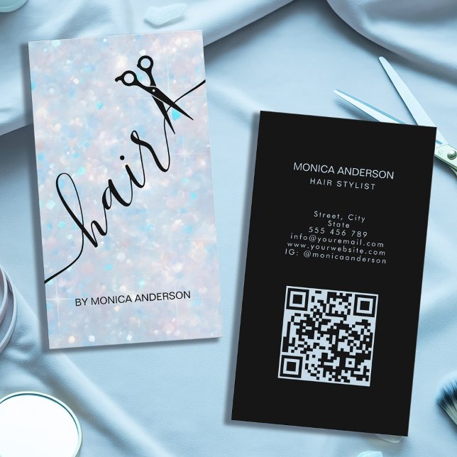 Blue Opal Glitter Hair Script Scissors QR Code Business Card (Blue Opal Glitter Hair Script Scissors QR Code Business Card)