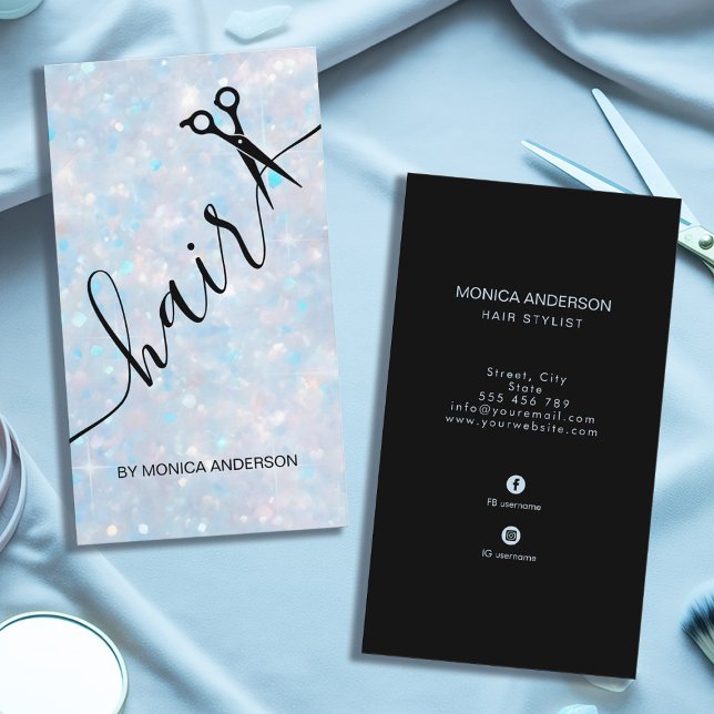 Blue Opal Glitter Hair Script Scissors QR Code Business Card (Blue Opal Glitter Hair Script Scissors QR Code Business Card)
