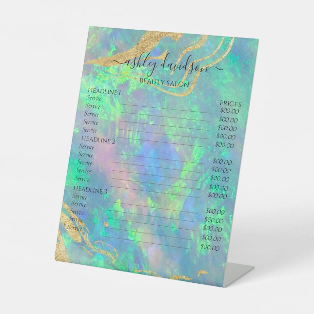 Blue Opal Gold Marble Modern Glam  Pedestal Sign (Front)