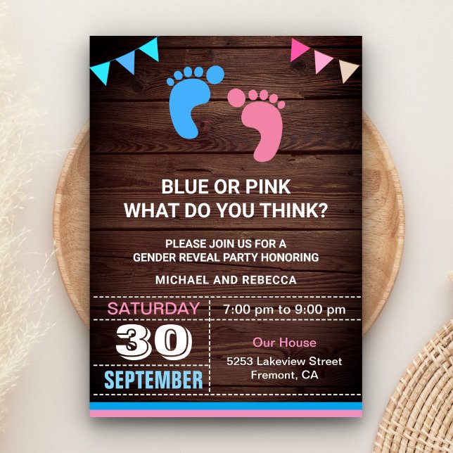 Blue or Pink Baby Footprints Gender Reveal Party Invitation (Creator Uploaded)