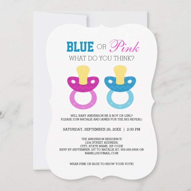 Blue or Pink Baby Pacifier Gender Reveal Party Invitation (Front)