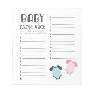 Blue or Pink Baby Shower Name Race Game Notepad