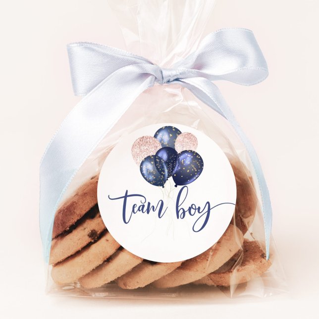 Blue or pink balloons gender reveal team boy classic round sticker (Creator Uploaded)