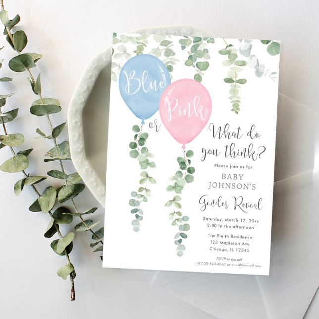 Blue or pink balloons greenery gender reveal invitation (Creator Uploaded)