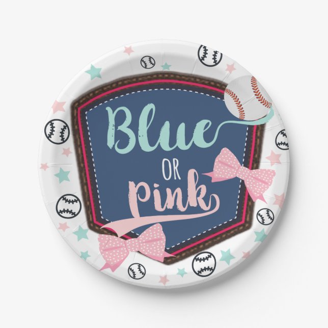 blue or pink Baseball or bows Gender Reveal Paper Plate (Front)