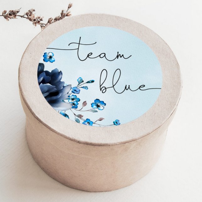 Blue or pink floral gender reveal team blue classic round sticker (Creator Uploaded)