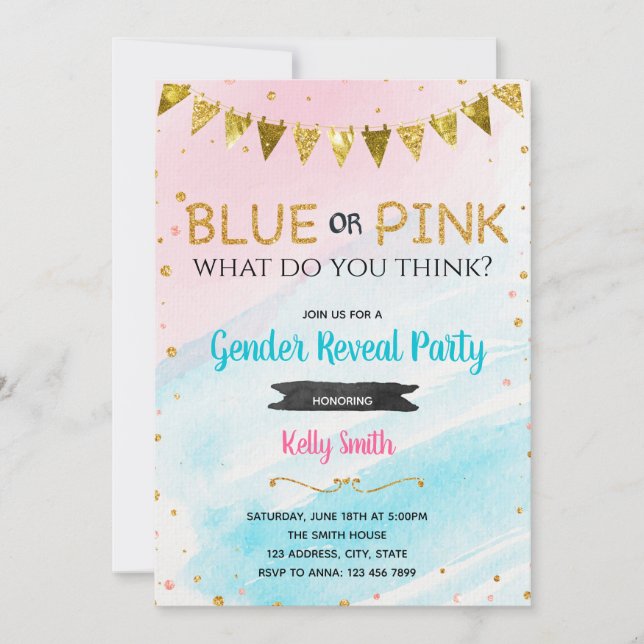 Blue or pink gender reveal invitation (Front)
