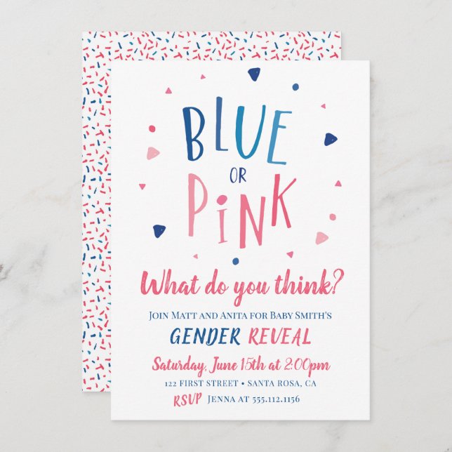 Blue or pink gender reveal invitation (Front/Back)