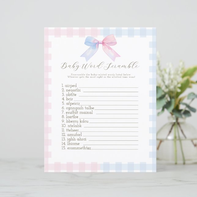 Blue or Pink Gingham Bow baby shower game (Standing Front)