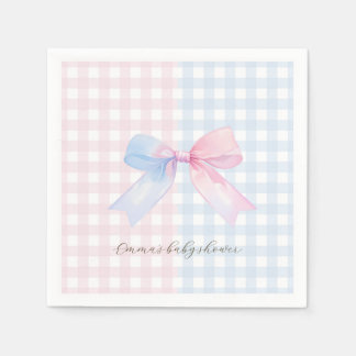 Blue or Pink Gingham Bow Gender Reveal Baby Shower Napkin