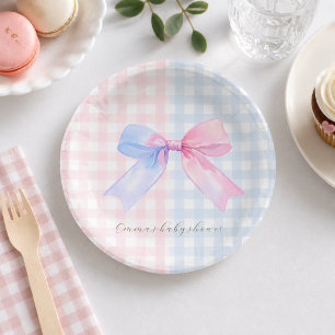 Blue or Pink Gingham Bow Gender Reveal Baby Shower Paper Plate