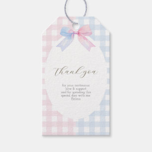 Blue or Pink Gingham Bow Rectangle Favour Tag 