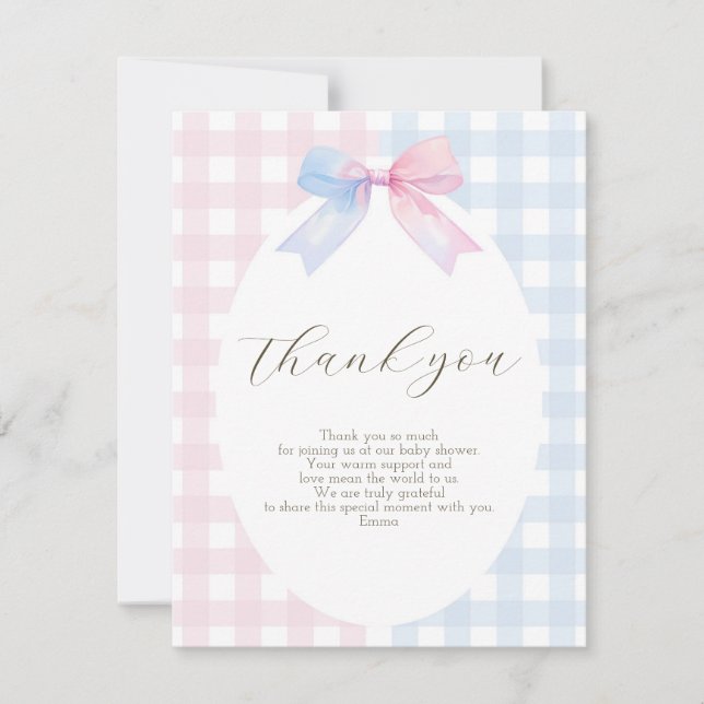 Blue or Pink Gingham Bow Thank You Card (Front)