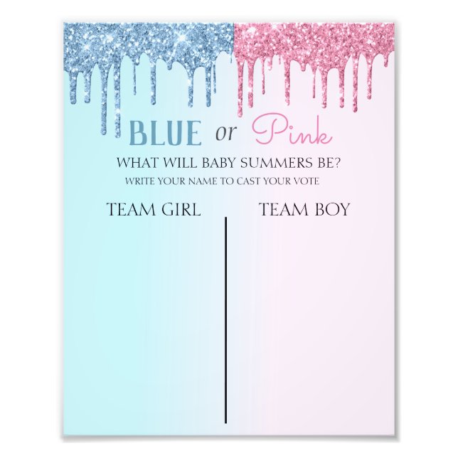 Blue or Pink Glitter Look Gender Reveal Voting  Photo Print (Front)