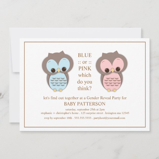 Blue or PInk Owl Baby Gender Reveal Party Invitation (Front)