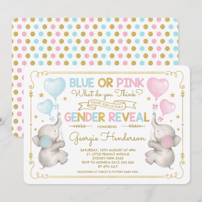 Blue or Pink Twins Elephant Gender Reveal Baby Invitation (Front/Back)