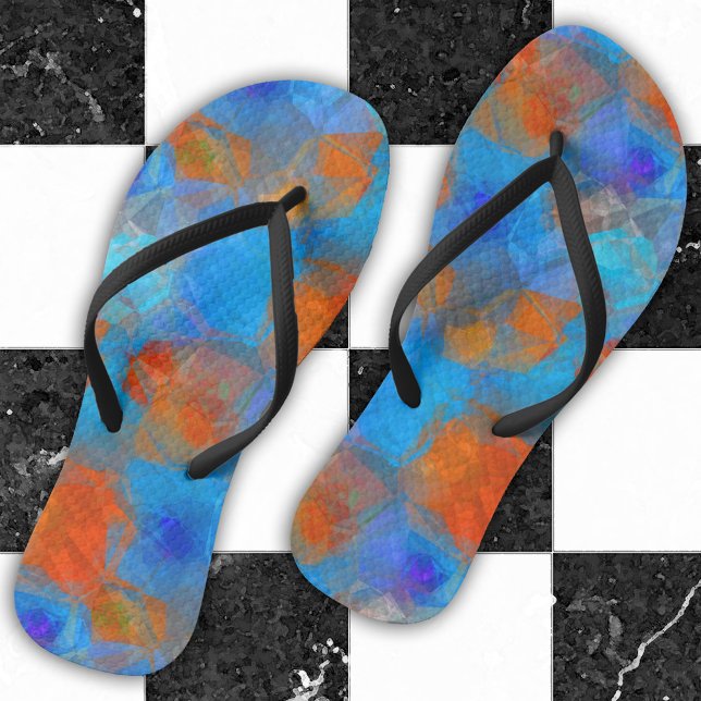 Blue Orange Abstract Art Summer Flip Flops (Modern design flip flops featuring an abstract orange and turquoise happy pattern)