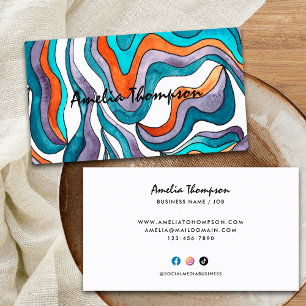 Blue Orange Abstract Wavy Lines Boho Groovy Retro Business Card