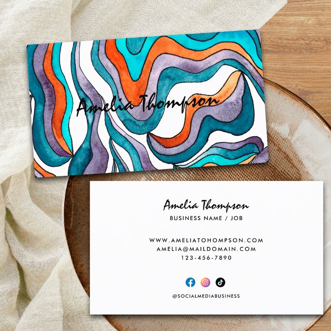Blue Orange Abstract Wavy Lines Boho Groovy Retro Business Card (Front and Back)
