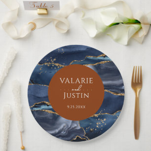 Blue & Orange Agate Wedding Paper Plate