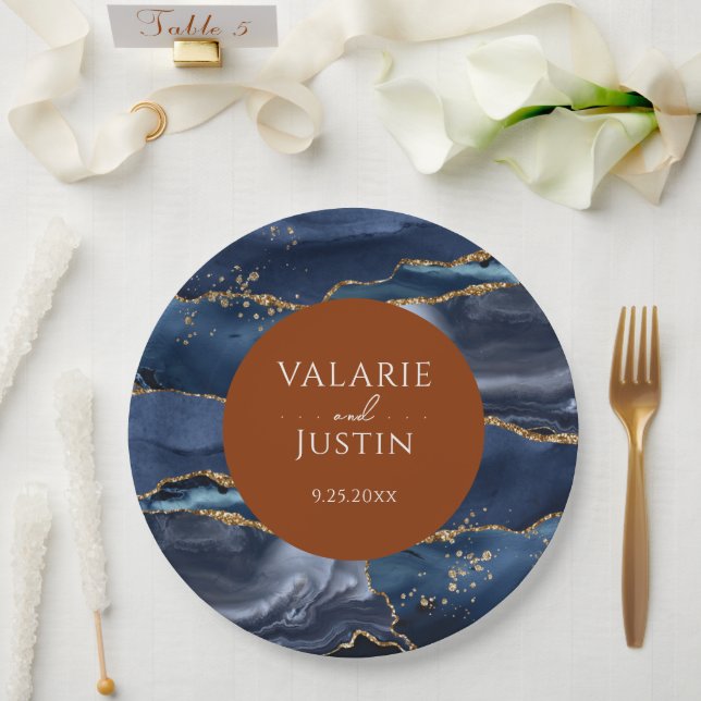 Blue & Orange Agate Wedding Paper Plate (Wedding)