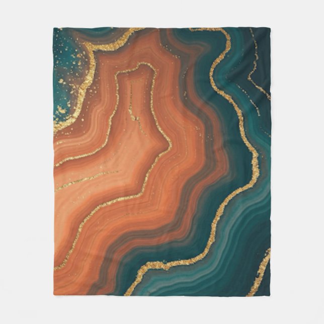 Blue Orange and Gold Geode-Inspired Fleece Blanket (Front)