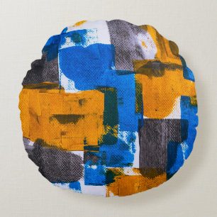Blue, orange, and gray abstract art round cushion