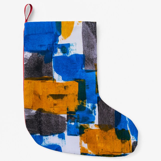 Blue, orange, and gray abstract art small christmas stocking (Front)
