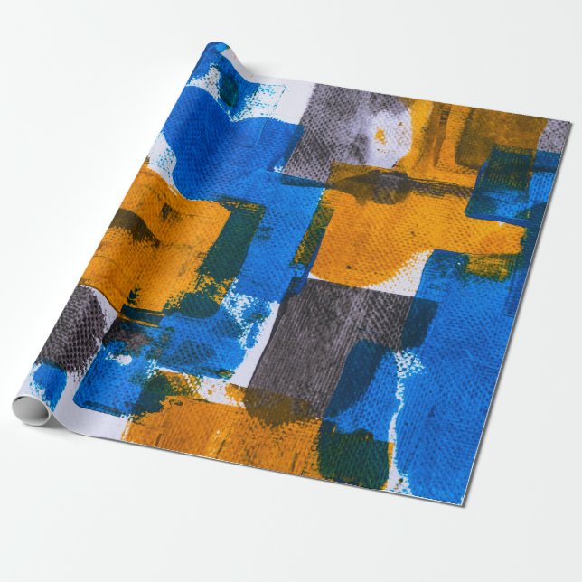 Blue, orange, and gray abstract art wrapping paper (Unrolled)