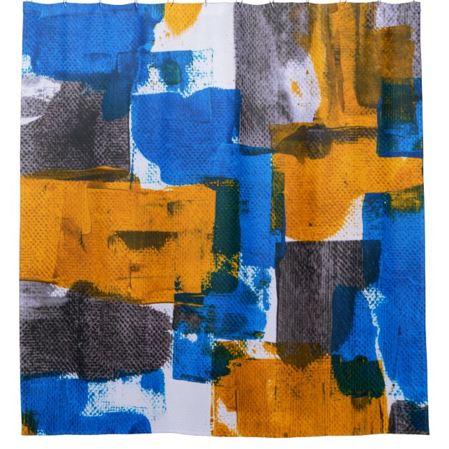 Blue, orange, and grey abstract art shower curtain (Front)