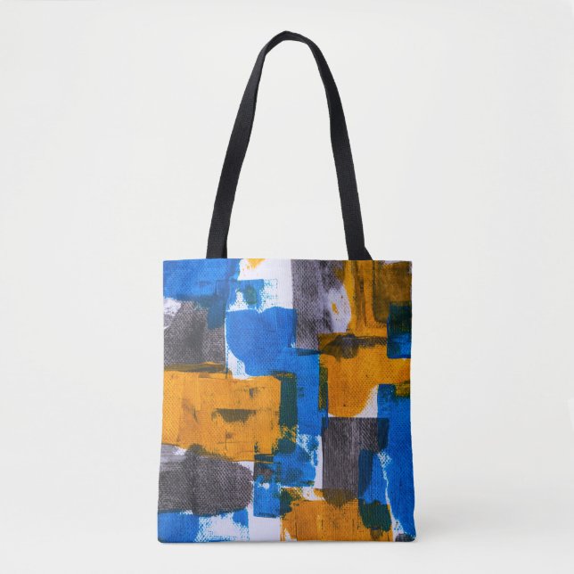 Blue, orange, and grey abstract art tote bag (Front)