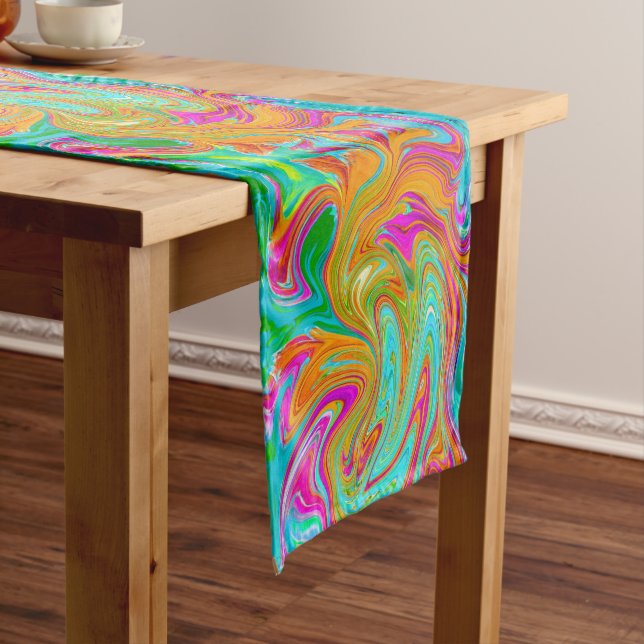 Blue, Orange and Hot Pink Groovy Abstract Retro Short Table Runner (In Situ)
