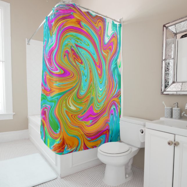 Blue, Orange and Hot Pink Groovy Abstract Retro Shower Curtain (In Situ)