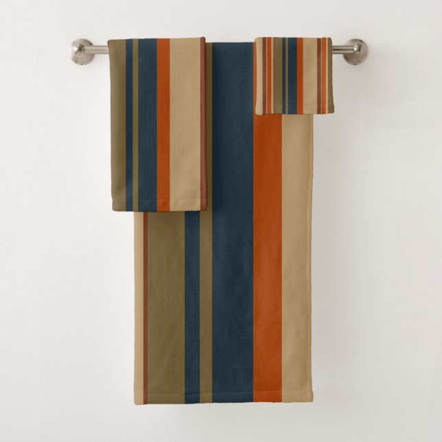 Blue orange and olive stripes bath towel set (Insitu)
