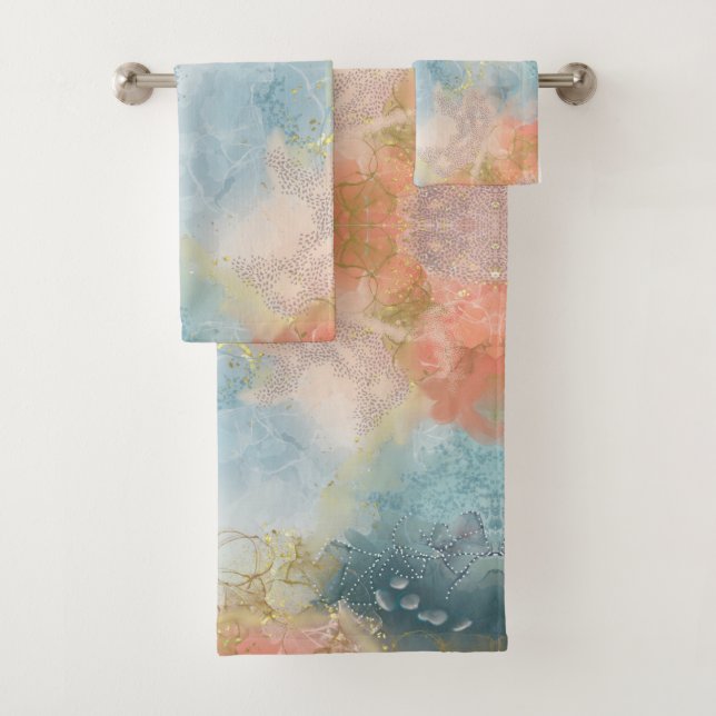 Blue orange and pink abstract designed    bath towel set (Insitu)